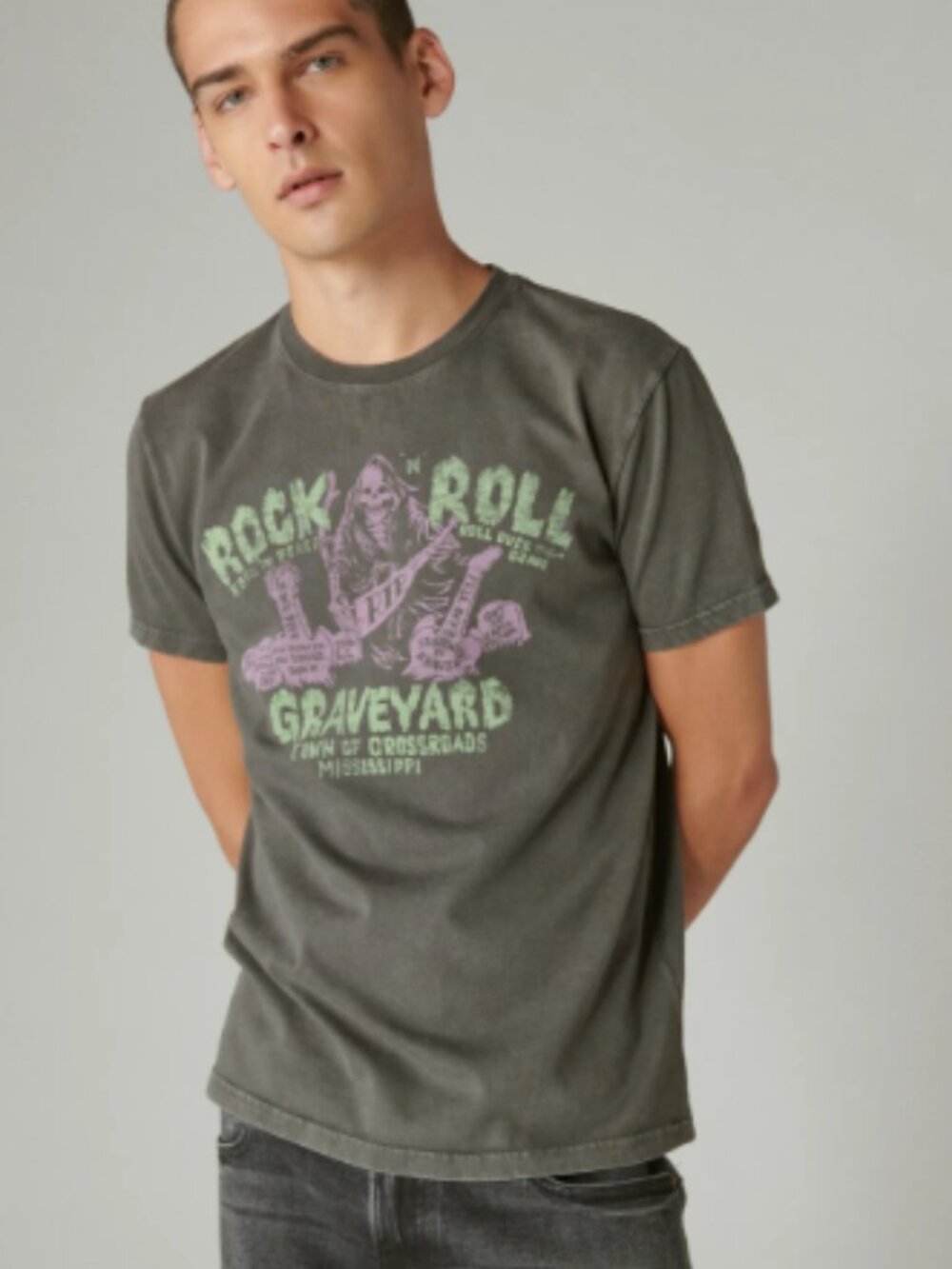 Lucky Brand 3XLT Charcoal Short-Sleeve Rock 'N' Roll Graveyard T-Shirt Crewneck